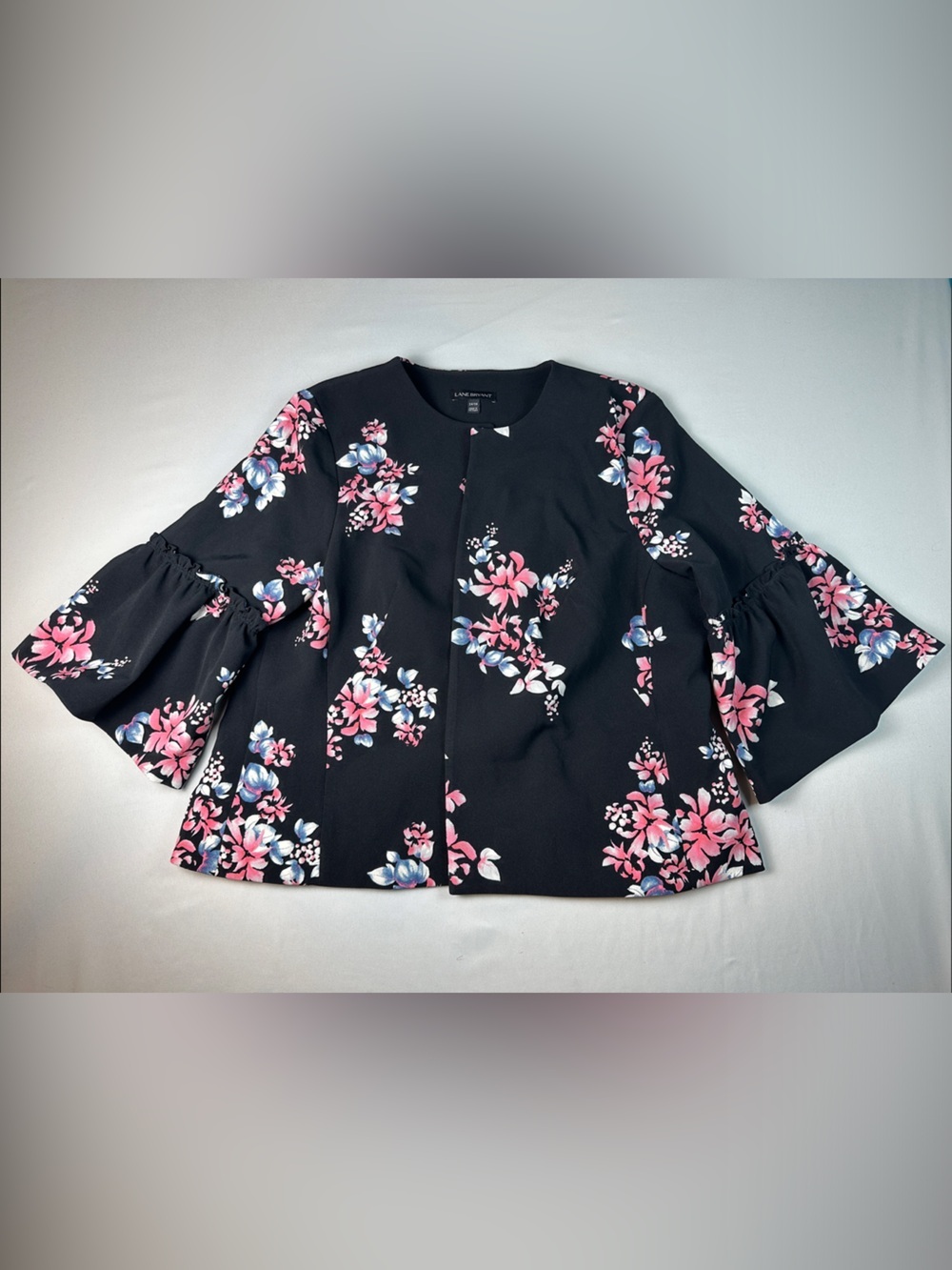 Lane Bryant Black Floral Open Front Suit Jacket 14 16 Bell Sleeve